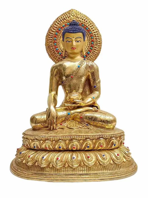 Statue de Bouddha Shakyamuni en cuivre avec dorure et visage peint