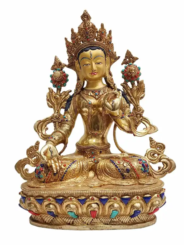 Statue bouddhiste de la Tara blanche de 34 cm avec visage peint et dorure