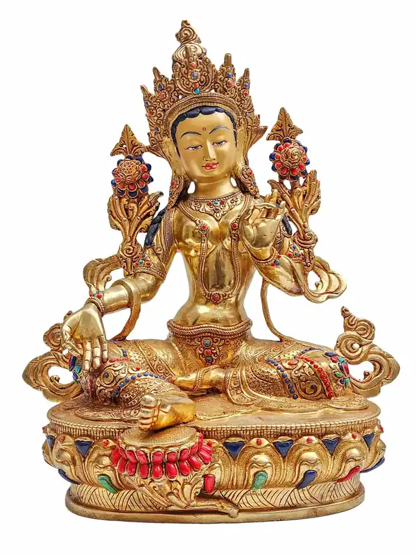 Statue tibétaine de Tara Verte de 35 cm