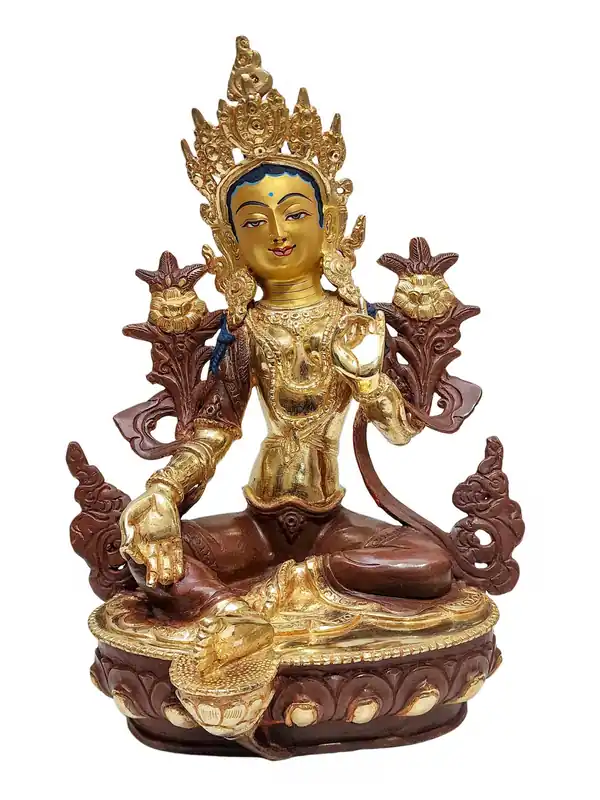 Statue bouddhiste de Tara verte avec visage peint en or