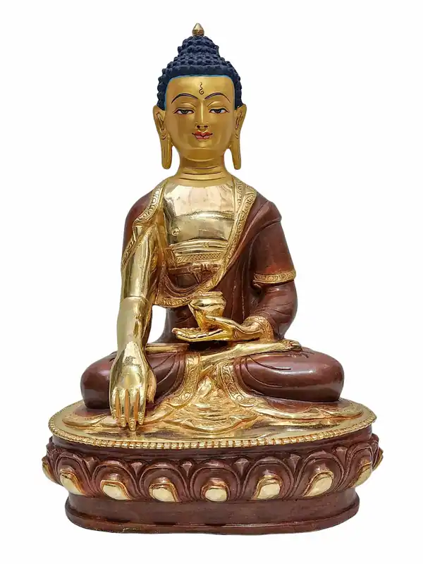 Statue en cuivre de Shakyamuni Bouddha avec placage d’or et visage peint