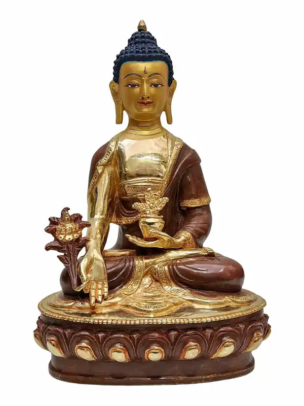 Statue de Bouddha Médecine en cuivre – Partiellement plaquée or avec des détails peints complexes