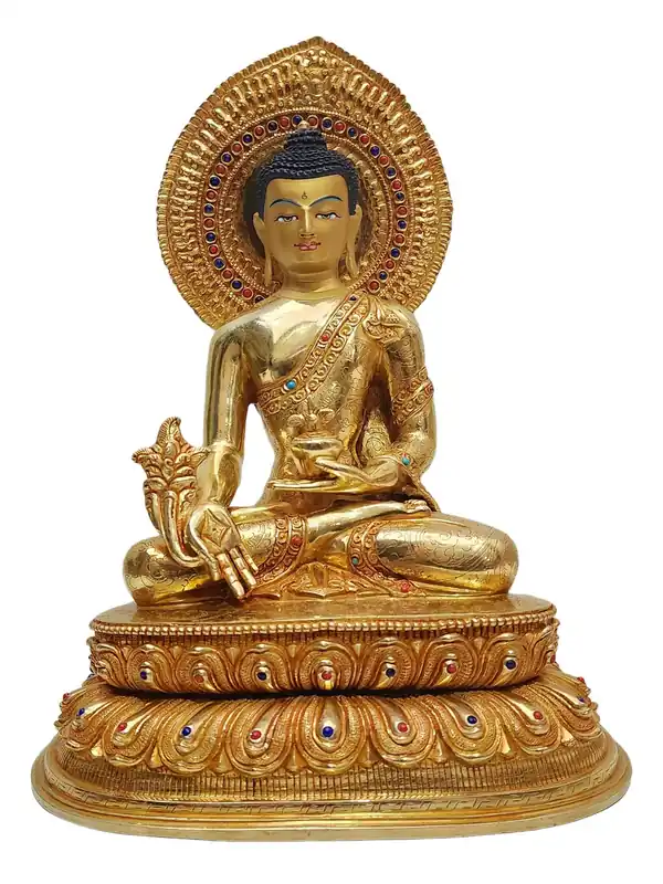 Statue du Bouddha Médecine Vajrayana – Pièce artisanale en cuivre plaqué or