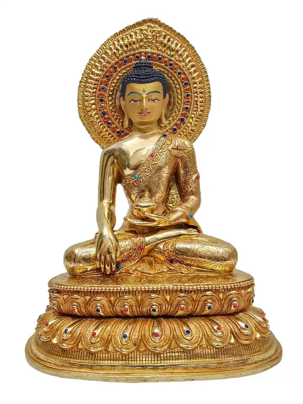 Statue de Shakyamuni Buddha – Cuivre avec finition plaquée or et détails peints à la main
