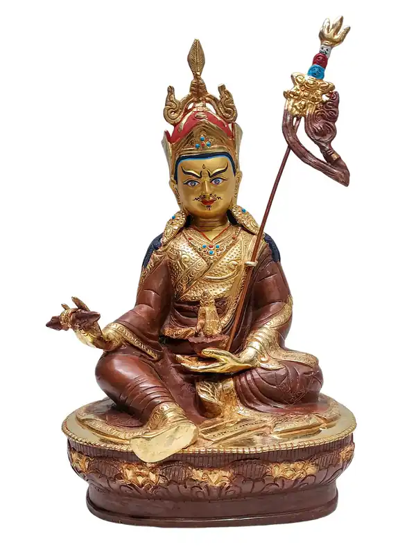 Statue en cuivre du Guru Padmasambhava avec finition en or