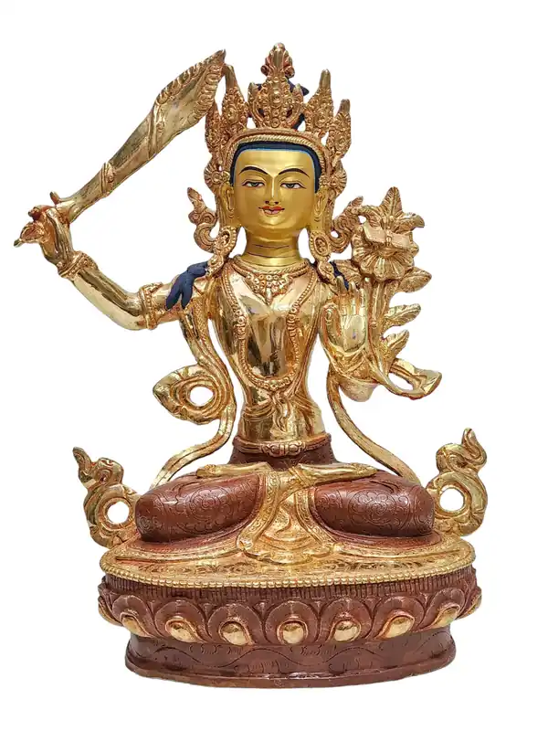 Statue bouddhiste de Manjushri avec accents dorés et détails peints