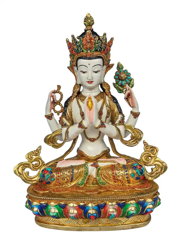 Statue de Chenrezig avec placage partiel en or sur cuivre – Incarnation de la compassion et de la sagesse