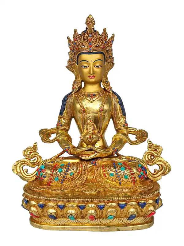 Superbe statue en cuivre d’Apamita avec finition plaquée or et détails en pierre – 33 cm