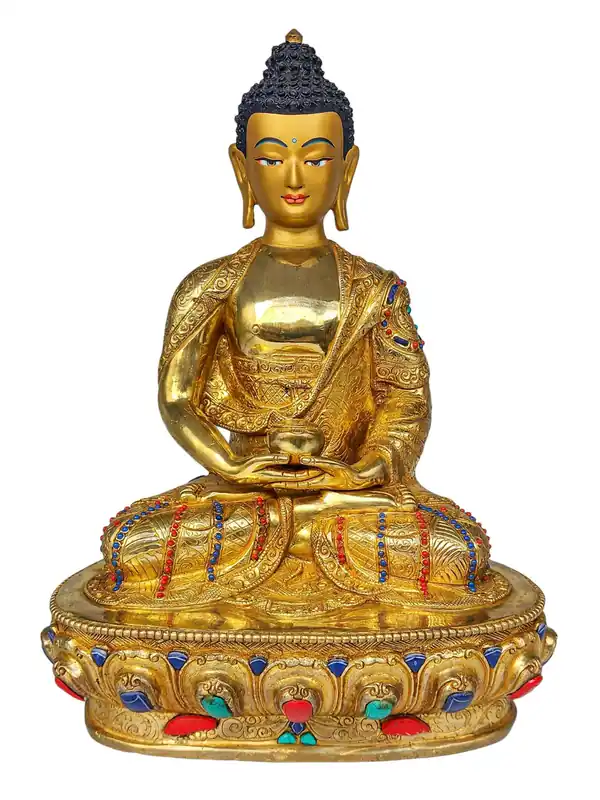 Statue d’Amitabha Bouddha en cuivre avec visage plaqué or et accents en pierre