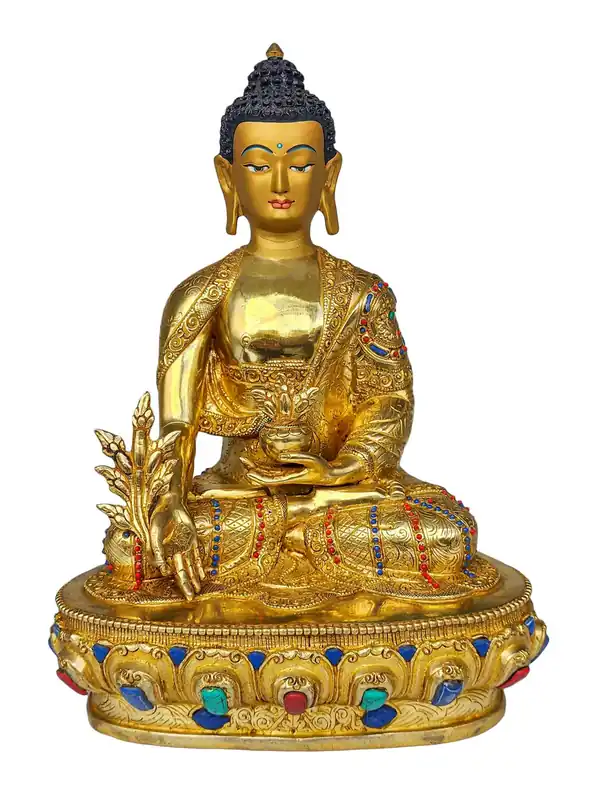 Statue du Bouddha de Médecine en cuivre avec finition en feuille d’or et accents en pierre