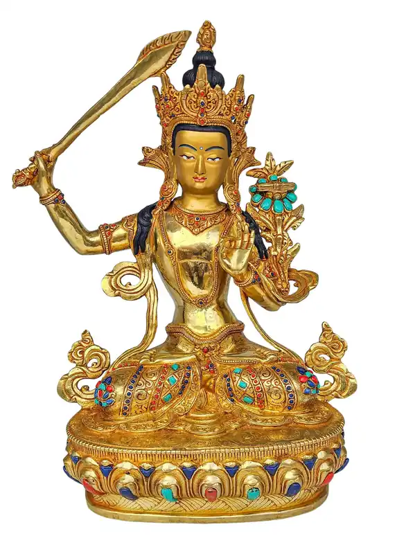 Statue bouddhiste de Manjushri avec visage en or et incrustations de pierres