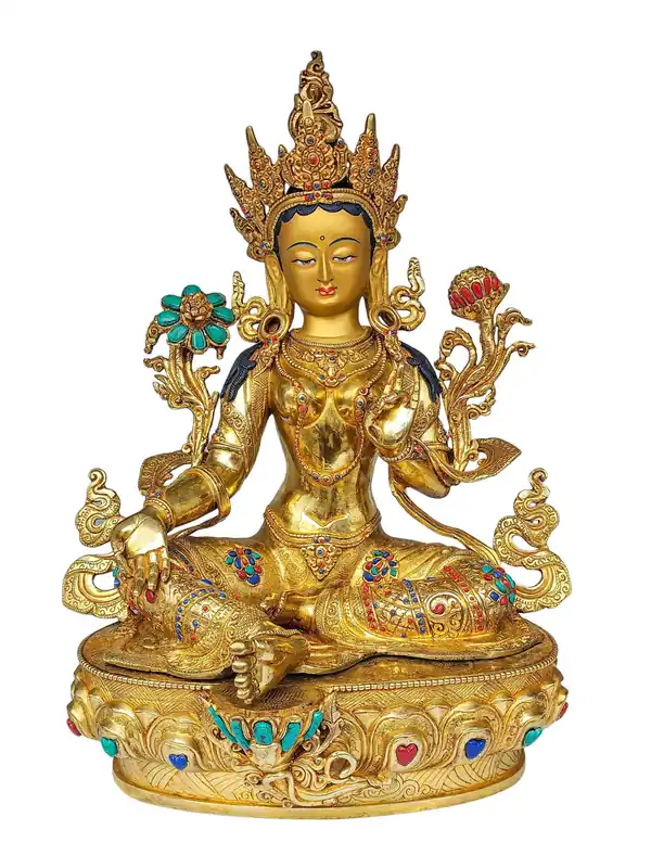 Statue tibétaine de Tara Verte avec finition en pierre