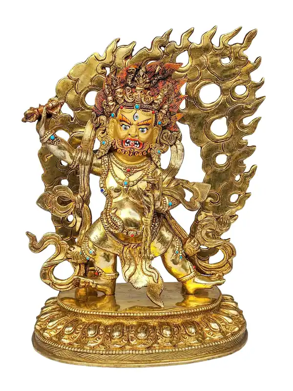 Statue en cuivre de Vajrapani avec dorure et incrustations de pierres