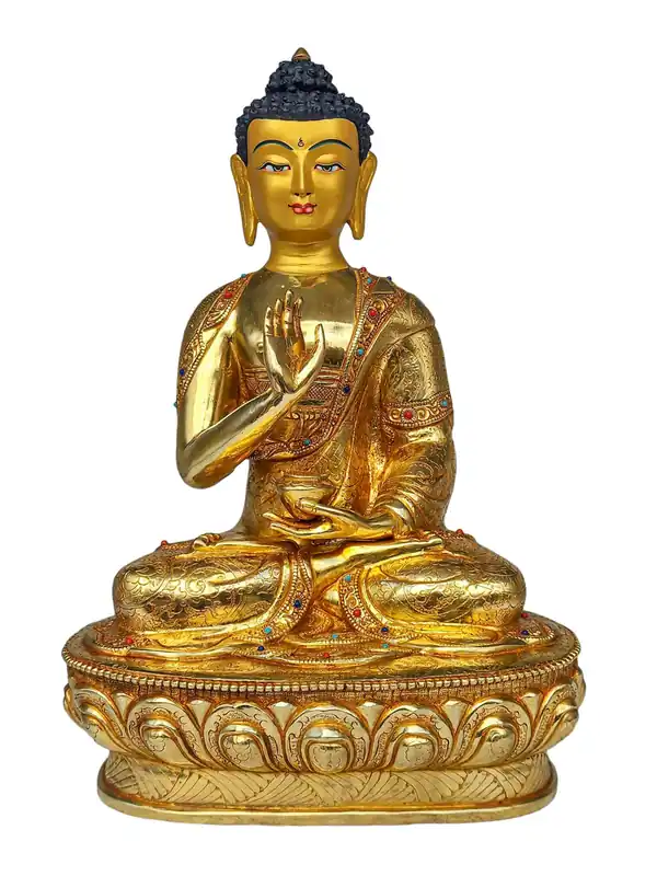Statue en cuivre du Bouddha Amoghasiddhi avec visage plaqué or et accents en pierre