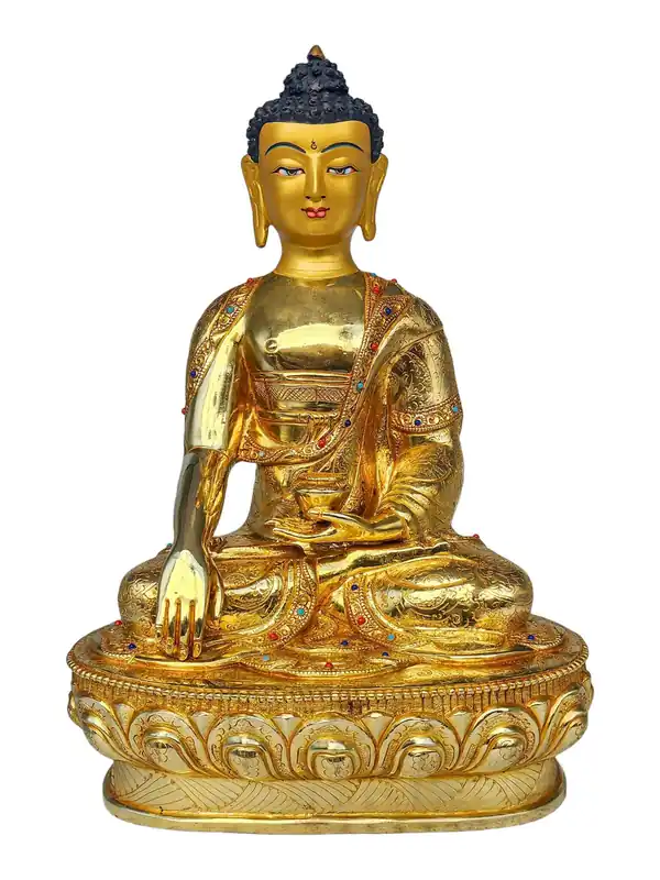 Statue en cuivre de Shakyamuni Bouddha avec plaqué or et accents en pierre