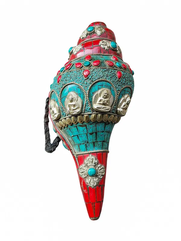 Coquille de conque avec design des Pancha Bouddhas