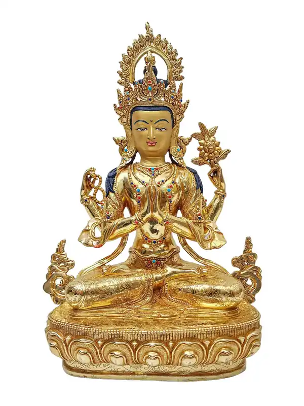 Statue de Chenrezig en cuivre avec placage en or