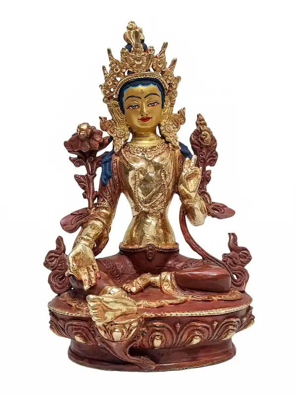 Statue tibétaine de Tara verte avec un visage peint en or