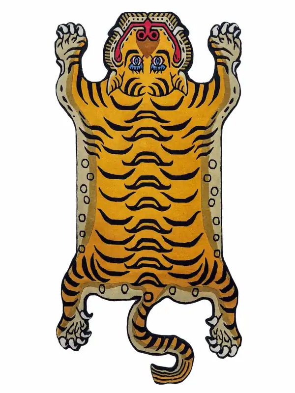 Tapis en Laine Jaune Doré avec Motif de Tigre