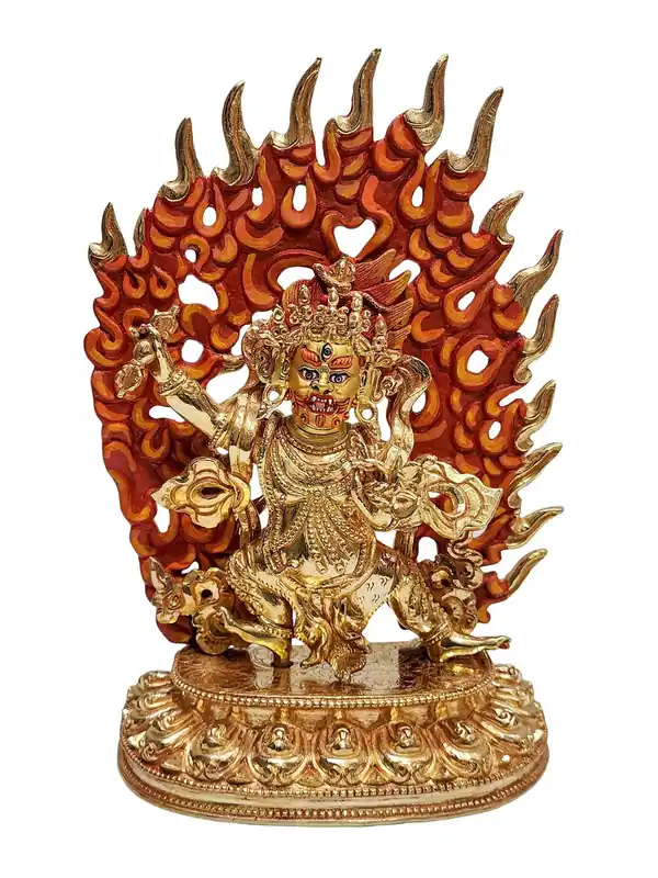 Statue en cuivre de Vajrapani avec un visage peint de façon intricée et une finition dorée