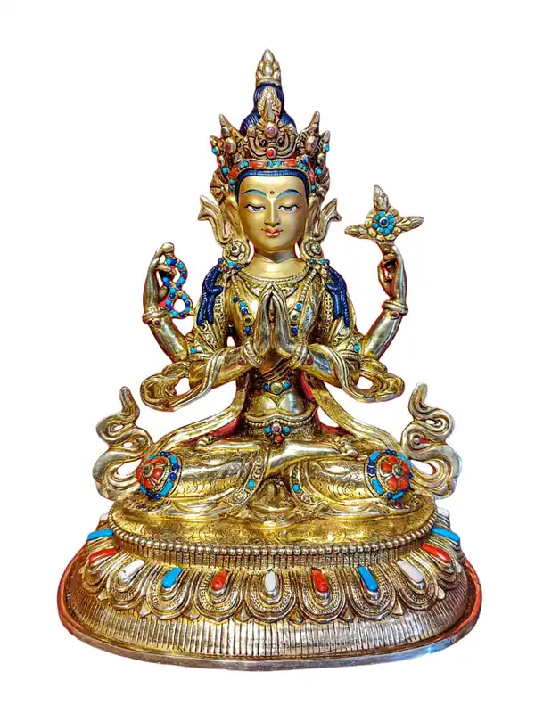 Statue en cuivre de Chenrezig avec dorure