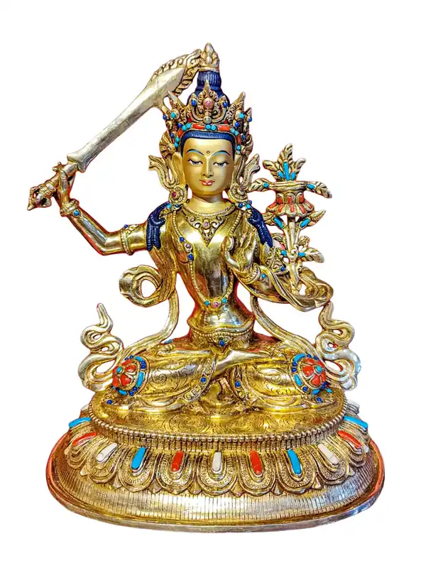 Statue éblouissante de Manjushri avec un visage plaqué or et des détails en pierre