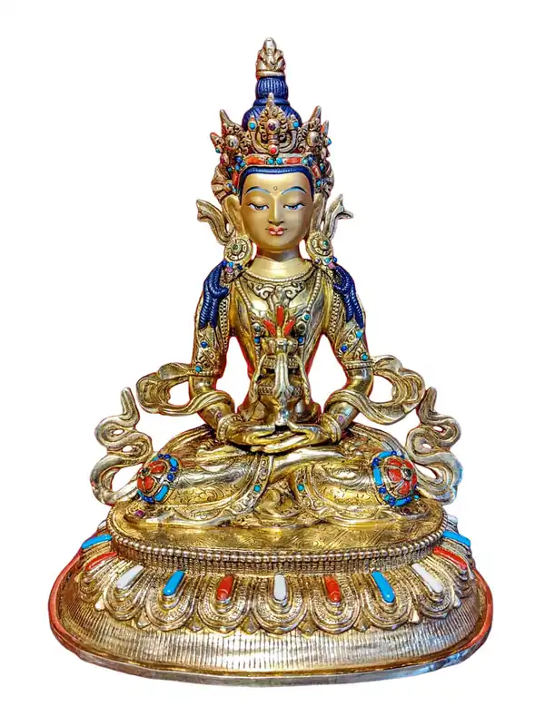 Statue bouddhiste en cuivre d’Aparimita avec un visage plaqué or et des accents de pierres intriqués