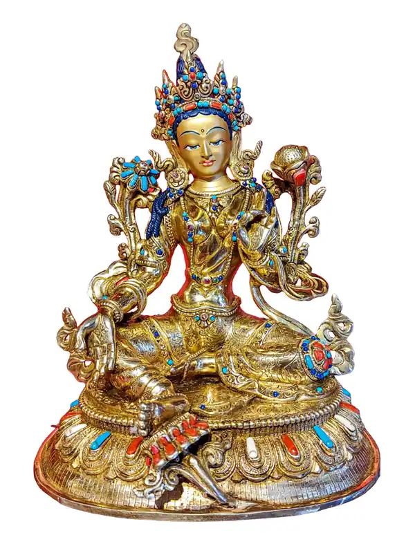 Statue bouddhique de la Tara verte avec finition en or et pierres précieuses