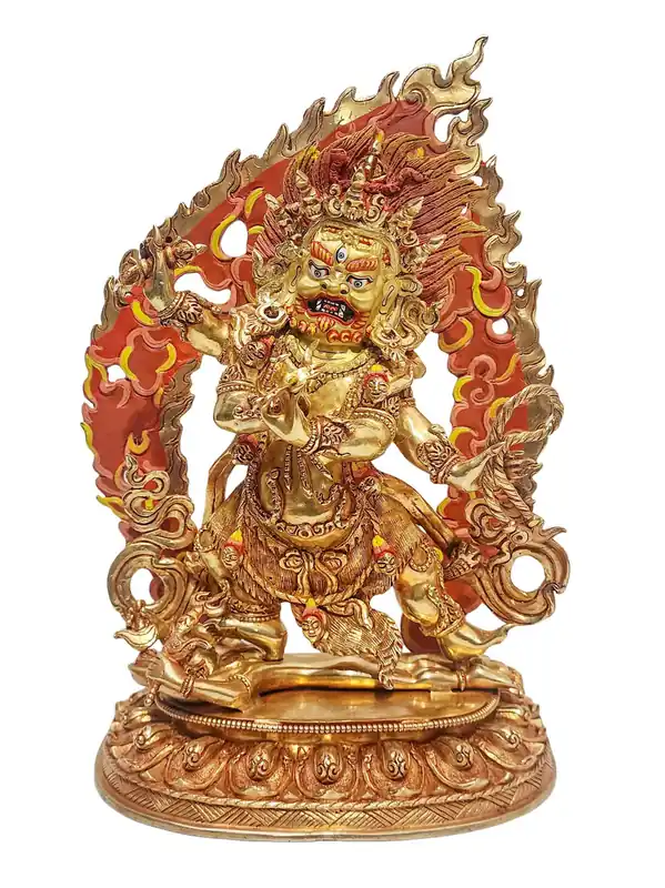 Statue en cuivre de Vajrapani avec un visage doré – Incarnation de la force et de la protection