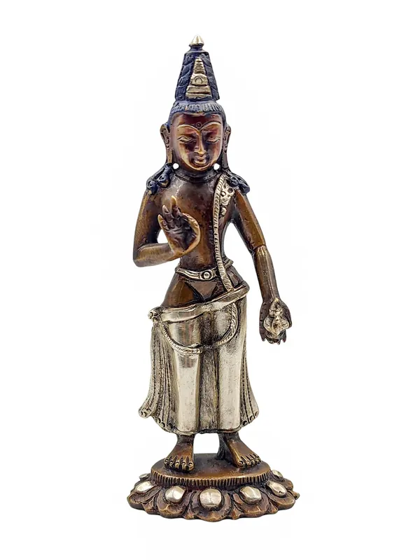 Statue de Lokeshvara Padmapani en cuivre – Fini argent oxydé