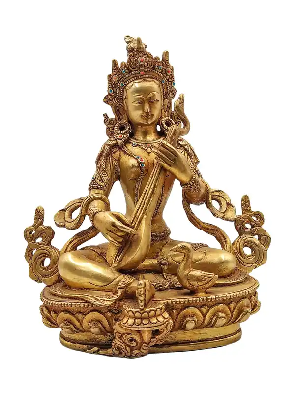 Statue divine de Saraswati en cuivre avec dorure – 21 cm