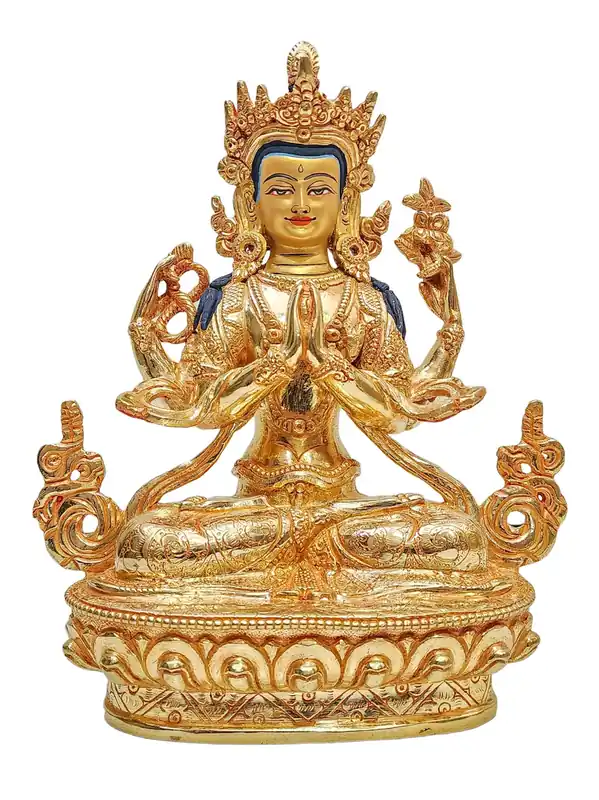 Statue de Chenrezig en cuivre avec finitions en or