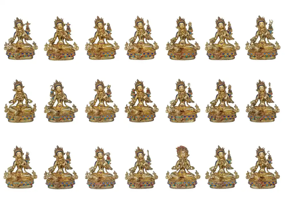 Ensemble de 21 statues de Tara artisanales – Cuivre avec finition en feuille d’or et incrustations de pierres