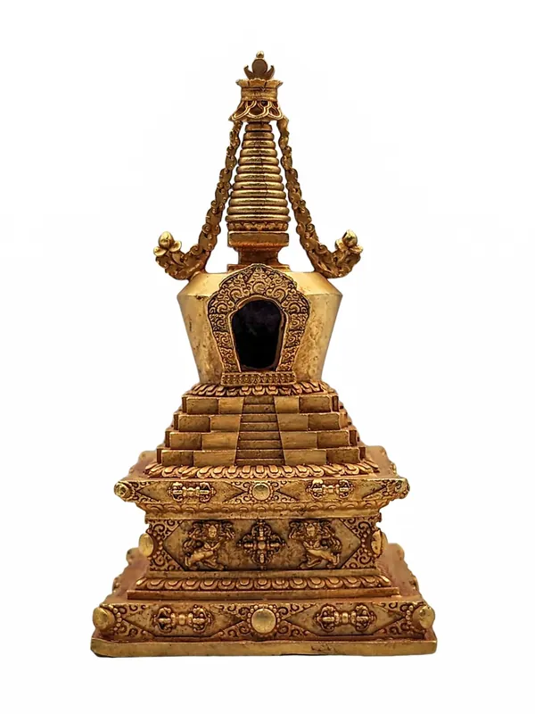 Stupa bouddhiste plaqué or de 13 cm