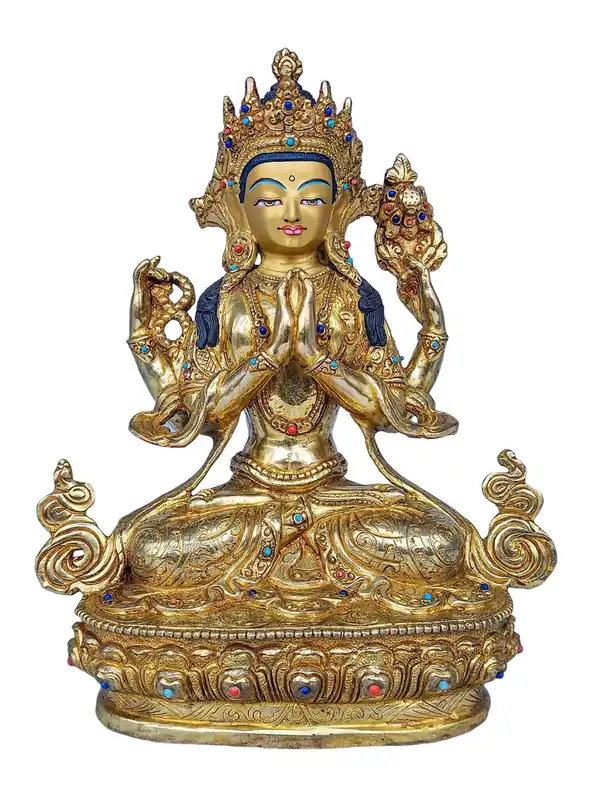 Statue Élégante de Chenrezig en Cuivre avec Finition Dorée et Incrustation de Pierre