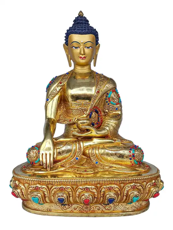 Superbe statue de Bouddha Shakyamuni en cuivre doré à l’or, mesurant 33 cm