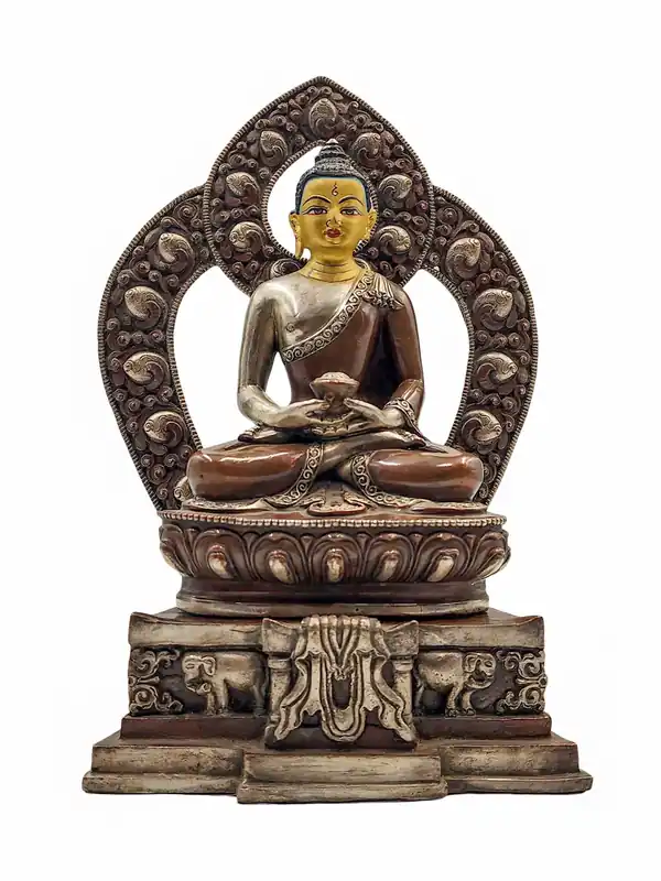 Statue en cuivre du Bouddha Amitabha, finition argentée et chocolat