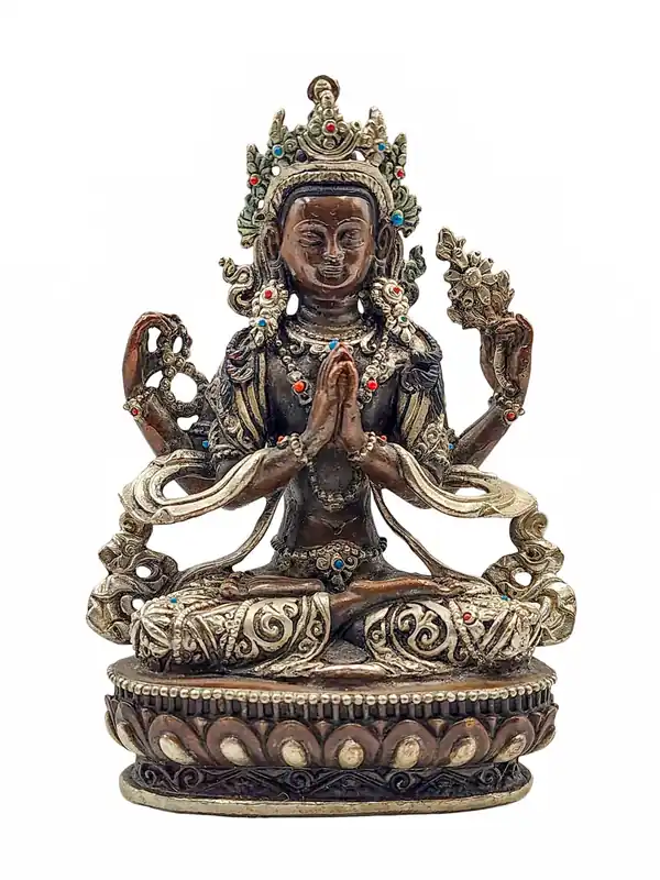 Superbe statue en cuivre de Chenrezig, oxydée en argent et chocolat