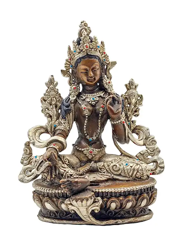 Figure bouddhiste de la Verte Tara en argent et finition oxydée chocolat