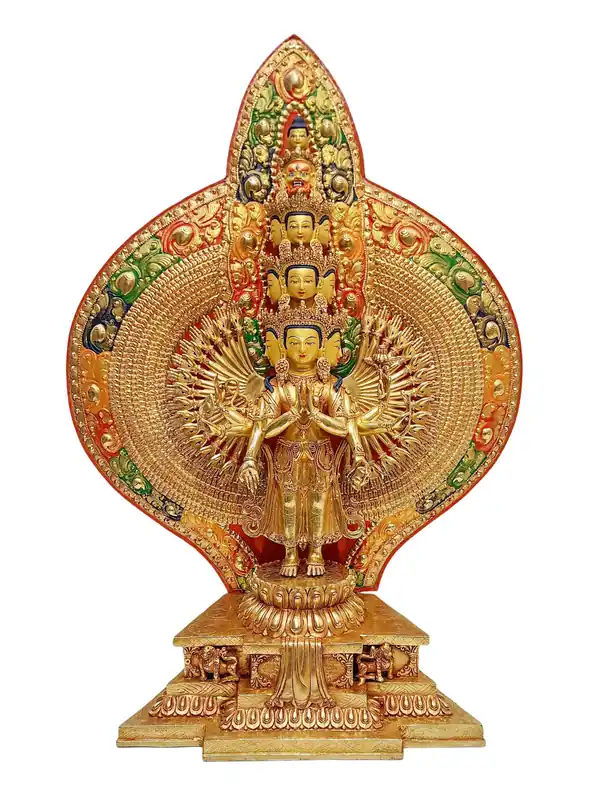 Statue d’Avalokitesvara à mille bras – Cuivre, doré à la feuille d’or, 1000 bras de compassion