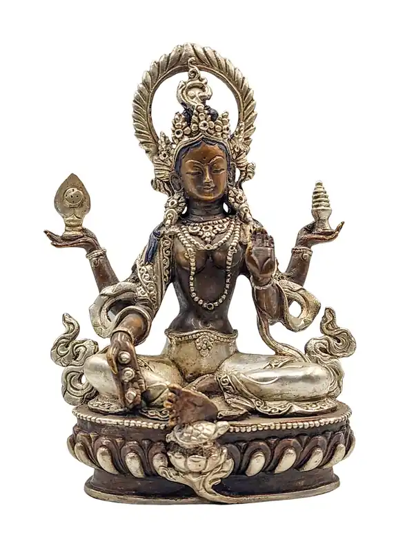 Statue divine en cuivre de Lakshmi avec oxydation argentée et chocolat