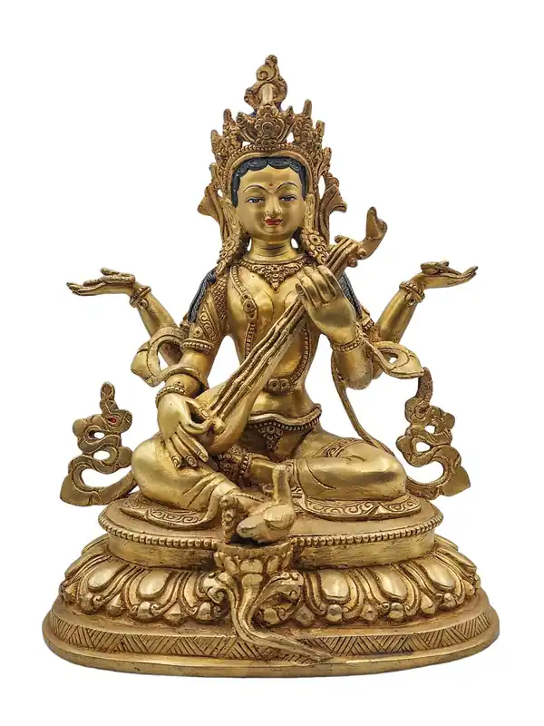 Statue de Saraswati en cuivre plaqué or – 24,5 cm de sagesse et de patrimoine artistique