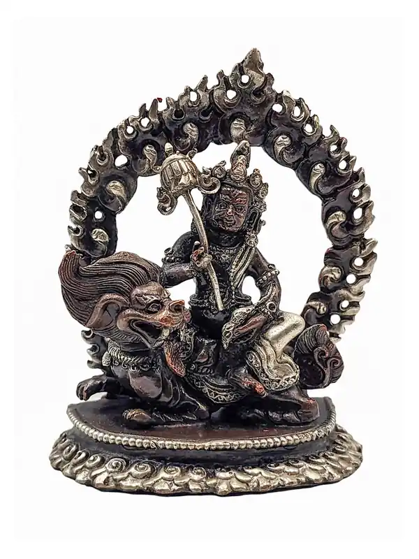Statue bouddhiste de Jambhala au lion Namtose Vaisravana – Chef-d’œuvre en cuivre fait à la main