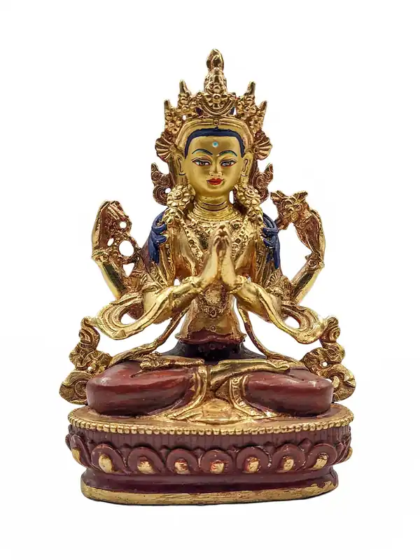 Statue de Chenrezig en cuivre avec un visage partiellement plaqué or