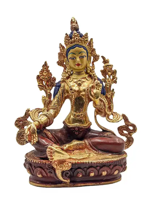 Statue miniature de Tara verte avec un visage partiellement doré