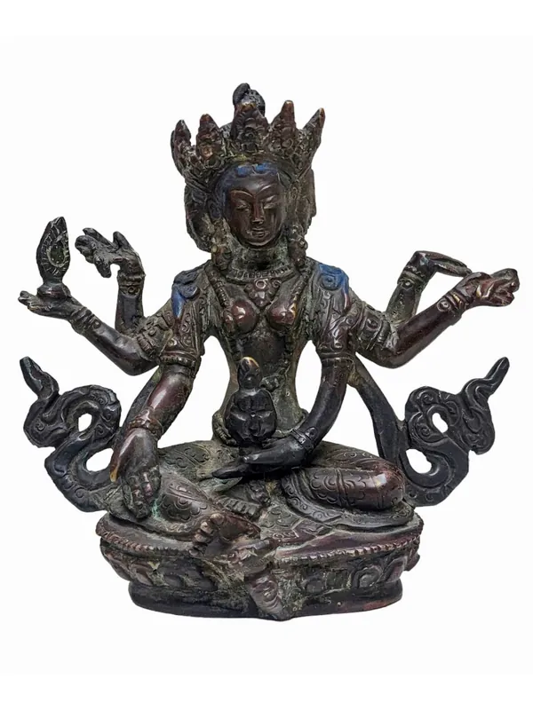 Statue en cuivre de Vasudhara – Déesse de la richesse et de l’abondance, finition antique