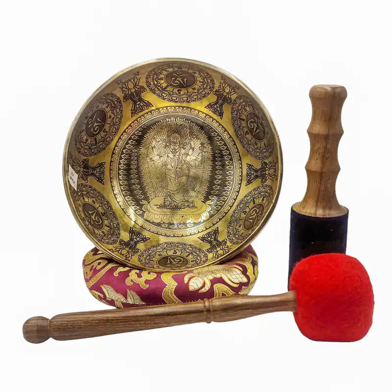 Sept bols chantants en bronze avec gravure de Jambhala