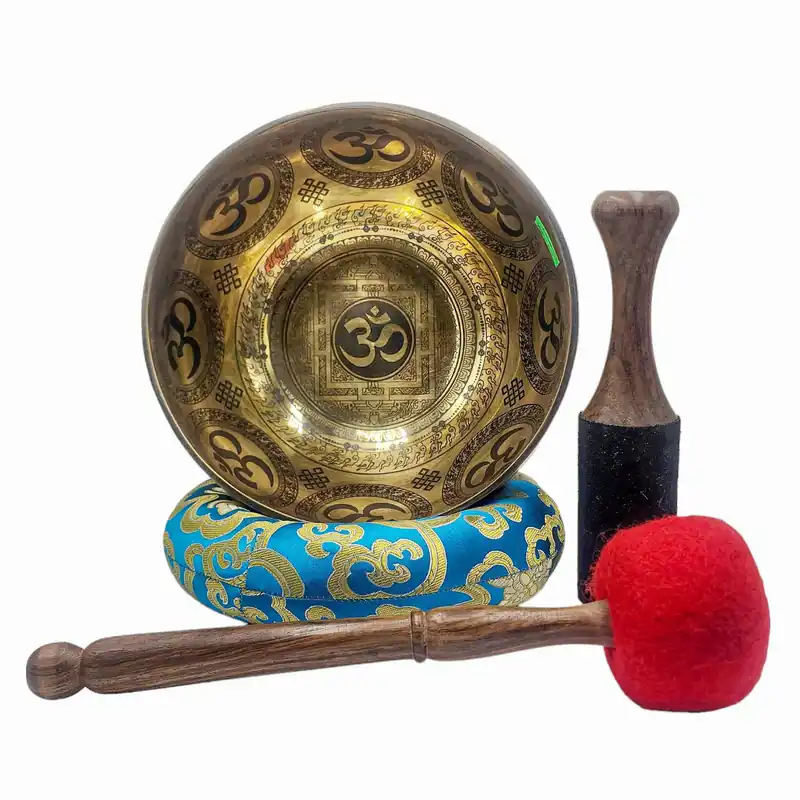 Sept bols chantants en bronze avec symbole OM