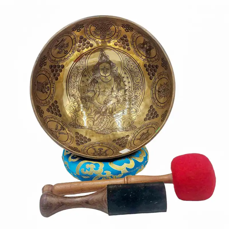 Bol chantant battu à la main avec une sculpture de Jambhala
