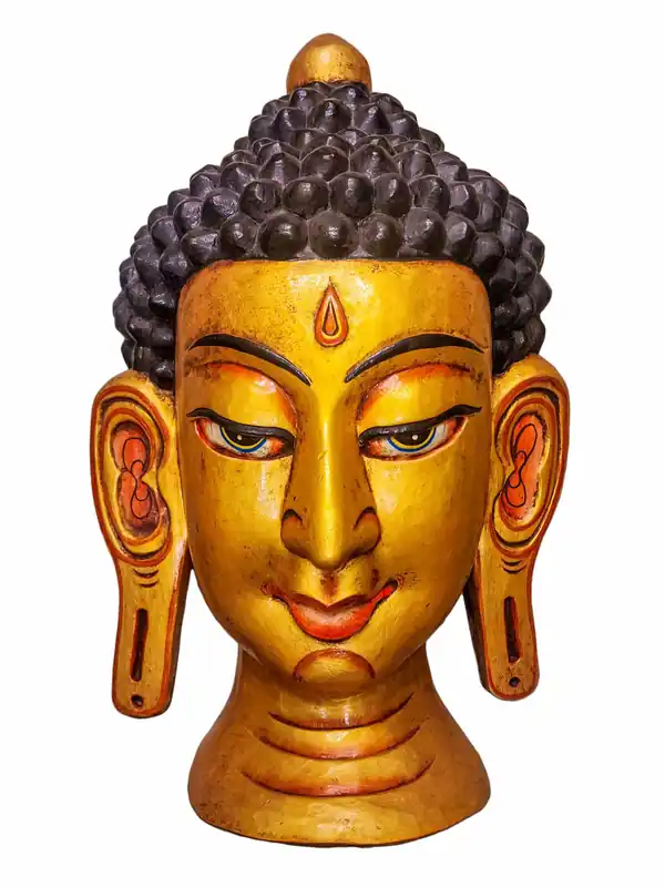 Tête de Bouddha en bois de peuplier sculpté, suspendue au mur
